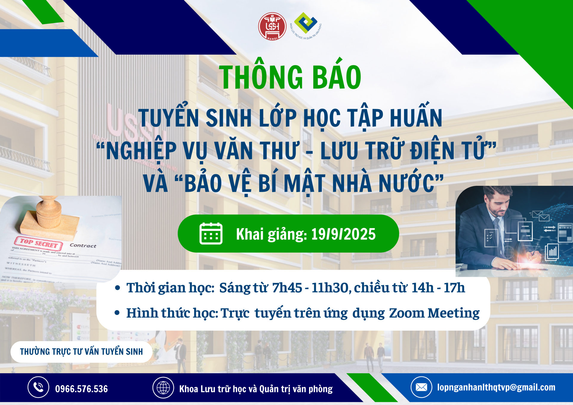 Thông báo tuyển sinh lớp tập huấn về Nghiệp vụ Văn thư – Lưu trữ điện tử và Bảo vệ bí mật Nhà nước